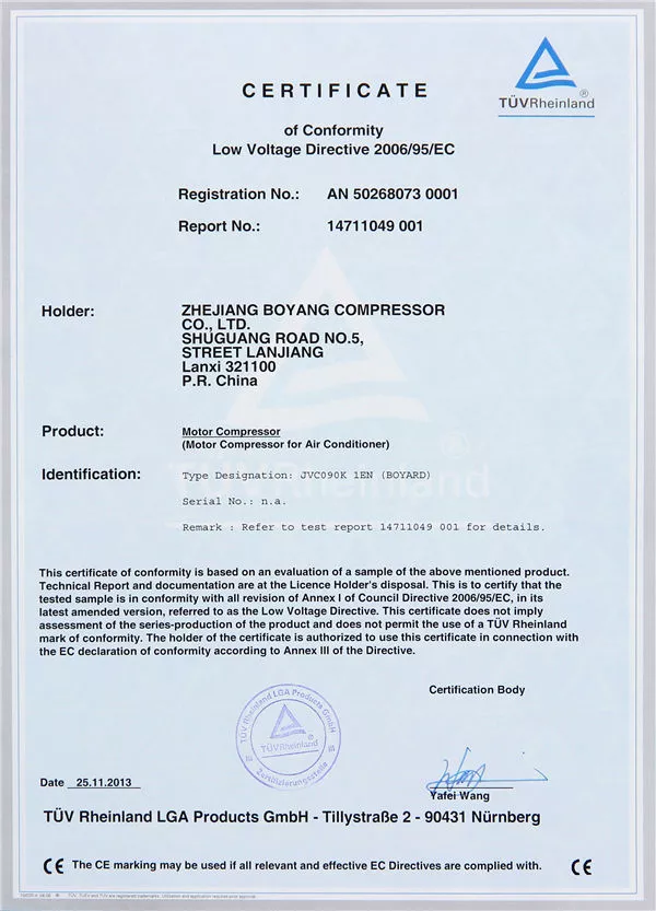 Boyard Compressor Certifications UL, CE, Rohs